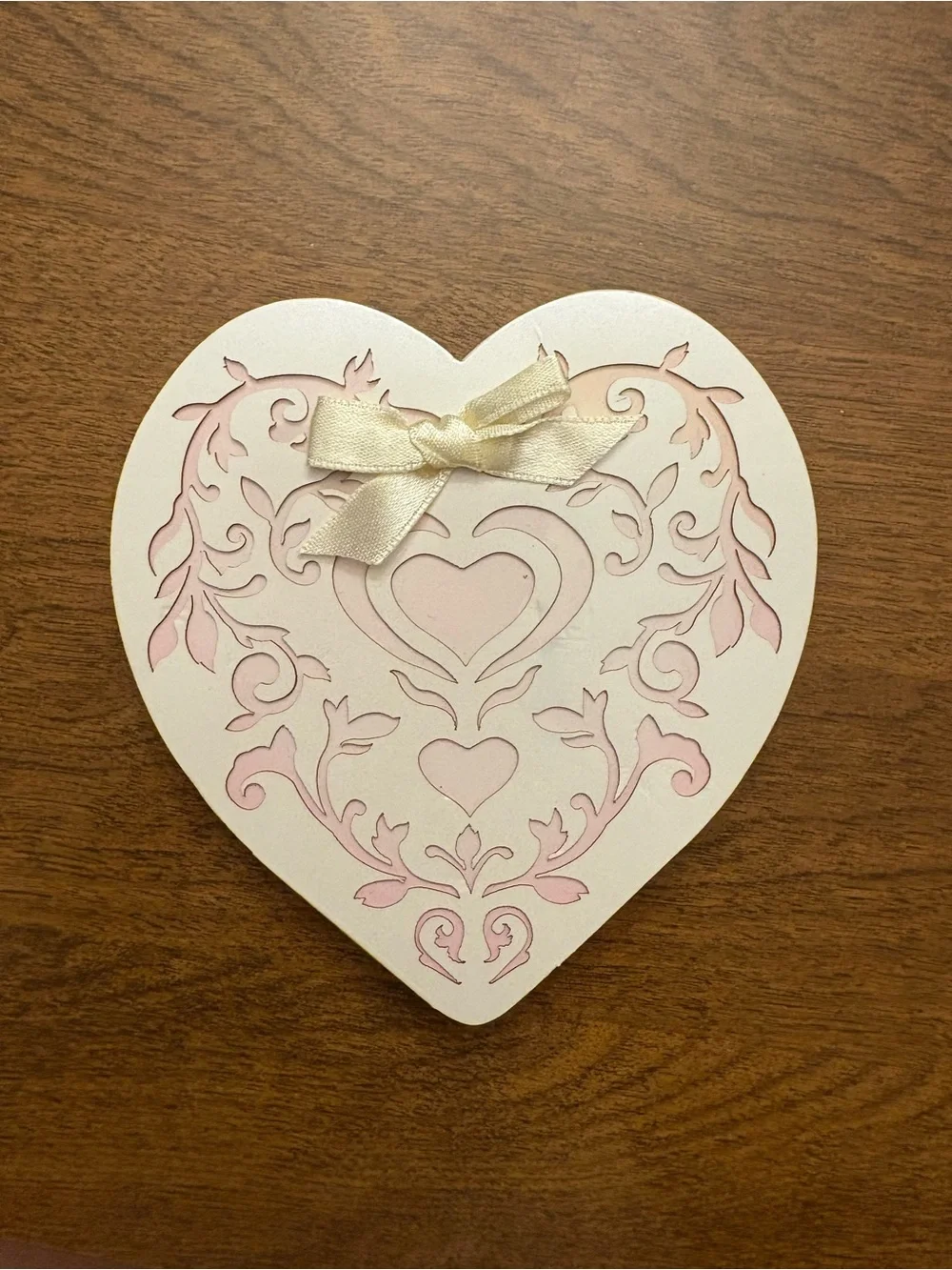 Heart-Shaped Pink and Cream Decorative Note Card with Satin Bow